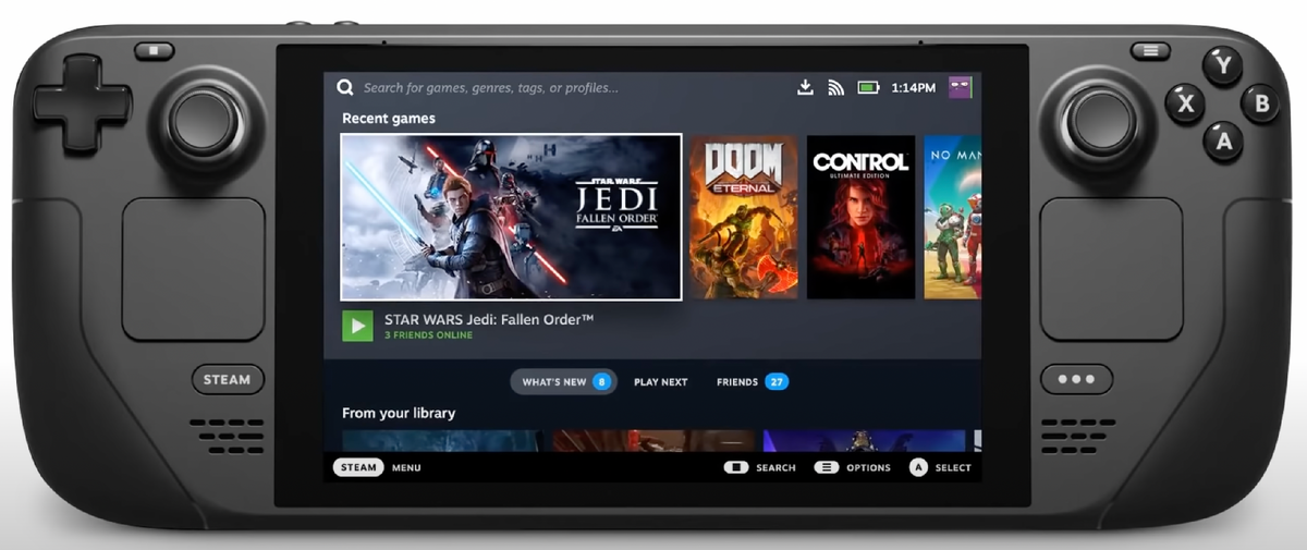 Основное меню консоли Steam Deck на базе операционной системы SteamOS.
