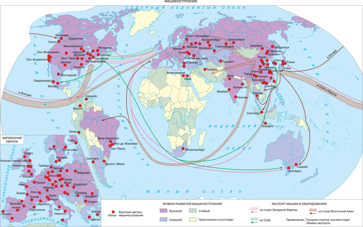 Страны с высоким уровнем развития отрасли. Основные пути транспортировки продукции машиностроения. Карта мировой химической промышленности.