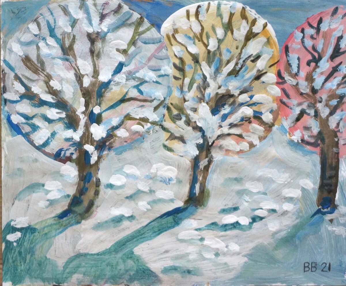 Виктор Винокуров Деревья зимой 42х50 бум гуашь 2021 г  