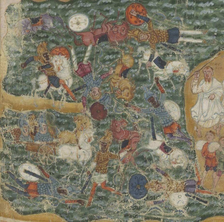  При переправах через реку или при морских сражениях тяжесть носимых воинами доспехов неоднократно увлекала своих хозяев на дно. Фреска VI в. с изображением гибели фараона и его войска