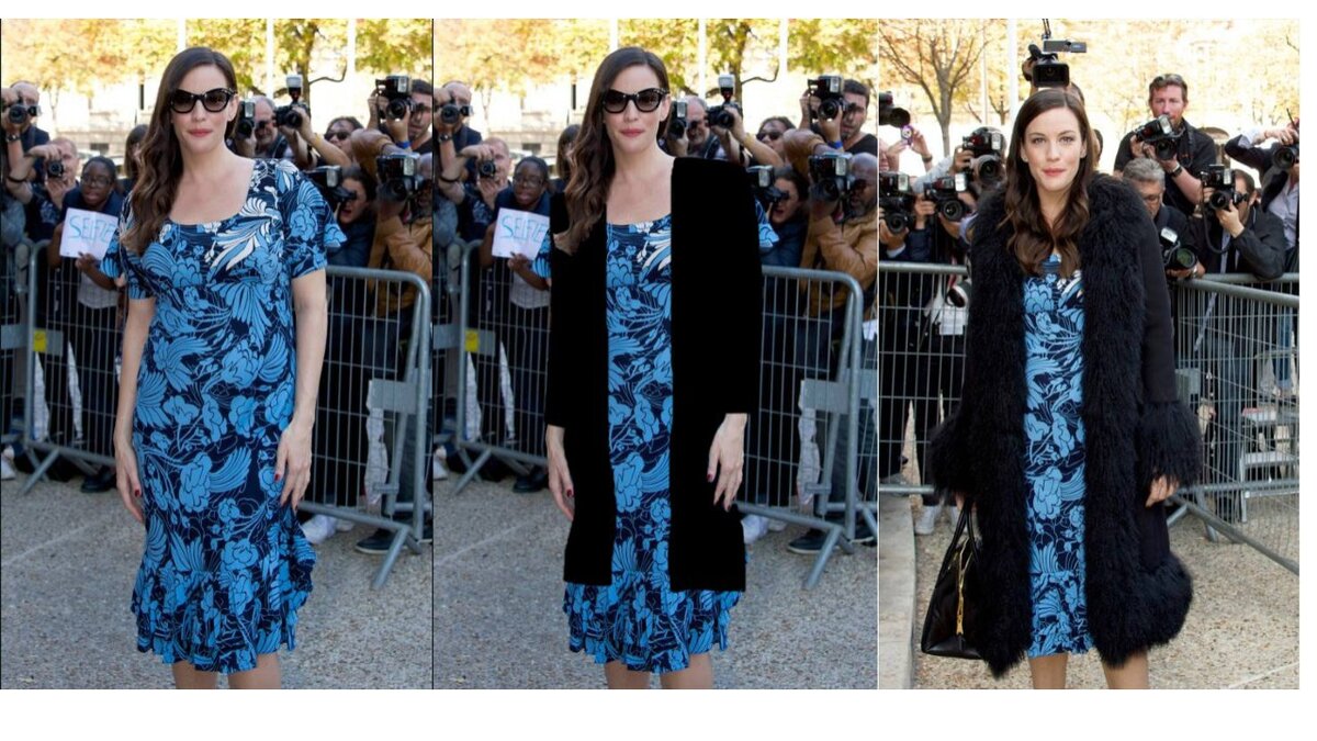 Беременная Лив Тайлер без пальто, в нарисованном пальто и в своем собственном.