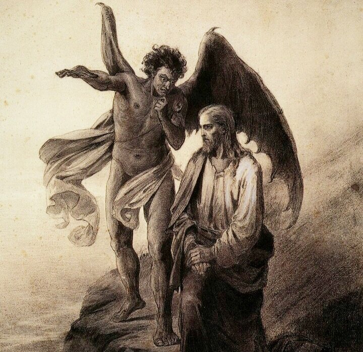 Василий Иванович Суриков, «Искушение Христа». Изображена библейская сцена искушения, когда сатана на высокой горе предложил Христу власть над всеми царствами мира, если только Христос поклонится сатане. Это наглядно иллюстрирует, кому на самом деле принадлежит власть над людьми.