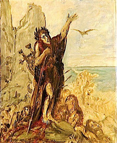 Тиртей. Художник Гюстав Моро (Gustave Moreau). Согласно легенде, спартанцы, терпящие поражение во Второй Мессенской войне, по совету дельфийского оракула обратились к Афинам с просьбой дать им полководца. Афиняне в насмешку послали им хромого школьного учителя Тиртея, но стихи этого неуклюжего и смешного человечка воспламенили сердца спартанцев и позволили им победить в войне.