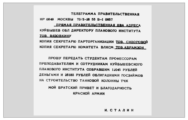 Правительственная телеграмма директору института Я.И. Вязовкину. Март 1945 г. Архив музея истории СГЭУ
