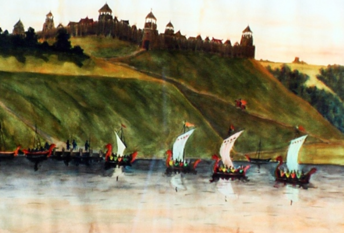  "Деревянная крепость Изборска IX-X вв."  Мельников П.Д. Акварель 1964 год. В древности Городищенское и Мальское озеро были единым водоемом, и  по системе рек и озер существовал прямой судоходный выход в Балтийское море. Позже Изборск потерял свои водные и торговые пути в результате какого-то большого природного катаклизма. Вероятно, произошел тектонический разлом, и уровень воды в озерах резко упал. Место справа от площадки Труворова городища, где сейчас проходят разные массовые мероприятия, возможно и было местом, куда причалили ладьи Трувора. 