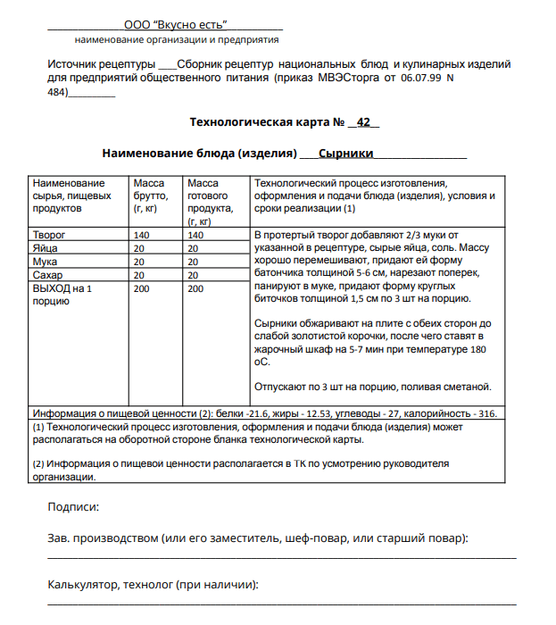 Пример технологической карты 