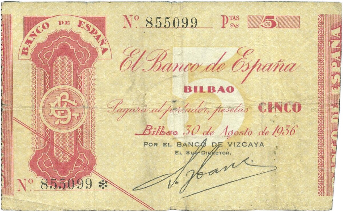 5 песет Por el Banco de Vizcaya el Sub-Director 30 августа 1936 года. Лицевая сторона
