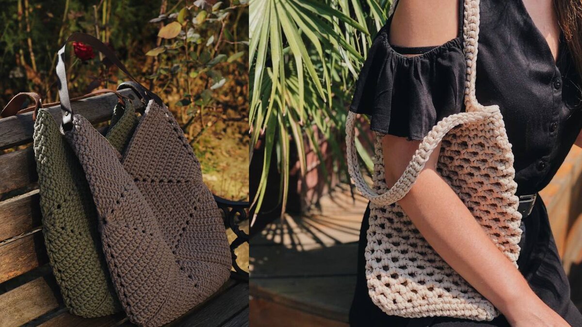 Слева сумочка связана из хлопкового шнура 3 мм, справа из полиэфирного 5 мм.
