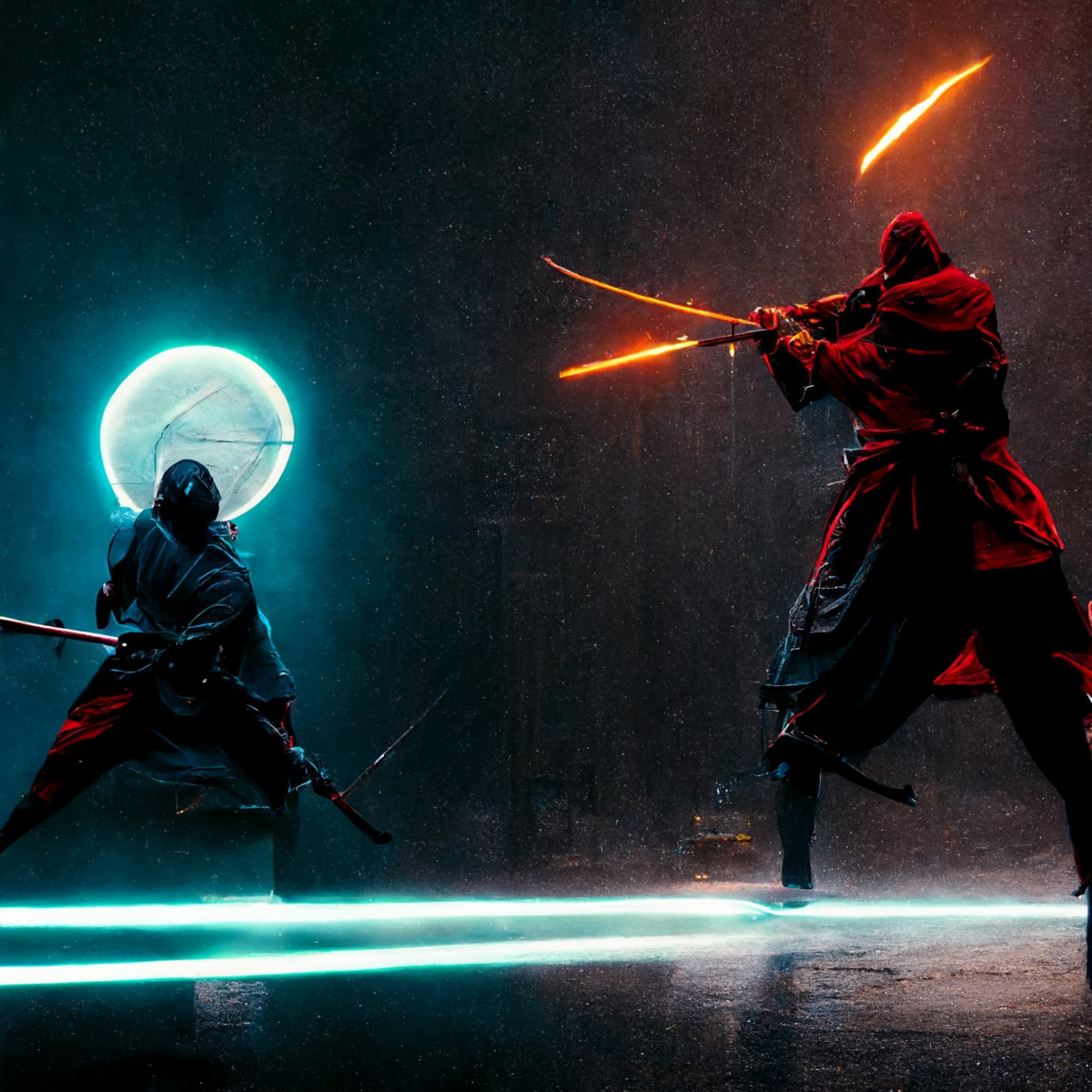 Discord @nijat #MidJourney #ninja #fight #art #drawing #character #request:  two man fighting with laser swords futuristic ultra realistic 4k, high details, photorealistic, extremely detail and intricate, elegant, sharp 