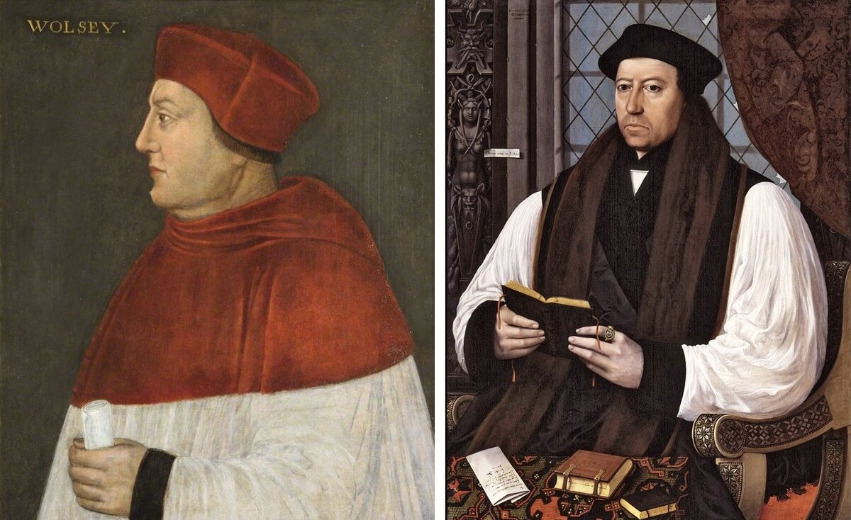 (слева) Кардинал Томас Вулси - лорд-канцлер Английского королевства, архиепископ Йоркский (считался самым могущественным человеком в Англии после короля Генриха VIII). (справа) Томас Кранмер - архиепископ Кентерберийский во время правления Генриха VIII, Эдуарда VI и Марии I.  