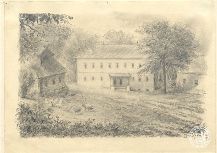 Д.Б. Даран. Рисунок дома, в котором жил И.И. Лажечников в Коломне. Картон, карандаш. 1950-е гг. РГАЛИ. Ф. 283.