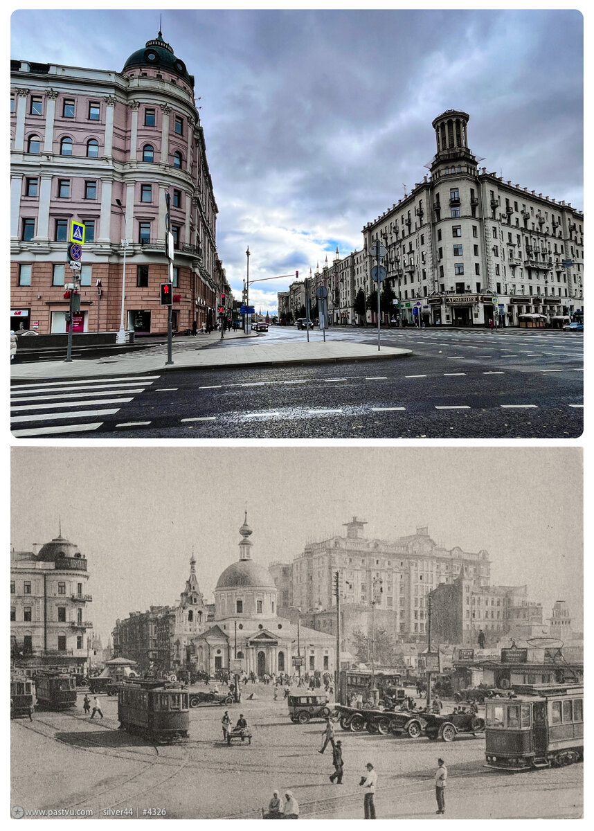 Тверская улица сейчас и в 1920 г. На архивом фото справа видна снесенная позднее церковь Дмитрия Солунского, за ней возвышается дом Нирнзее