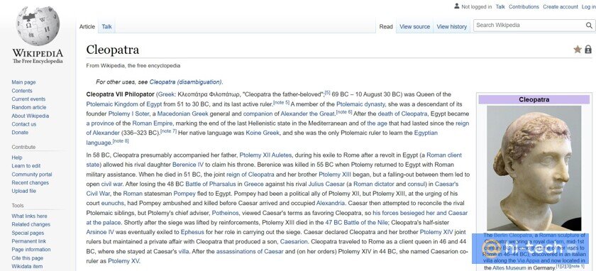    Статья о Клеопатре в английской «Википедии» выглядит вполне обычно. Фото: wikipedia.org