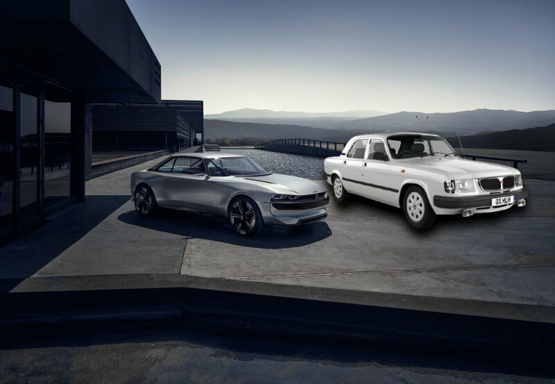 Peugeot E-Legend и «Волга» рядом, для наглядности.