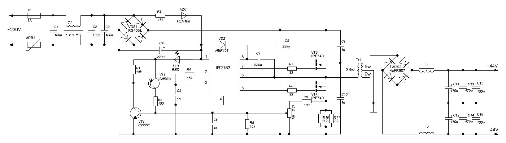 Принципиальная электрическая схема импульсного источника питания на базе микросхемы IR2153