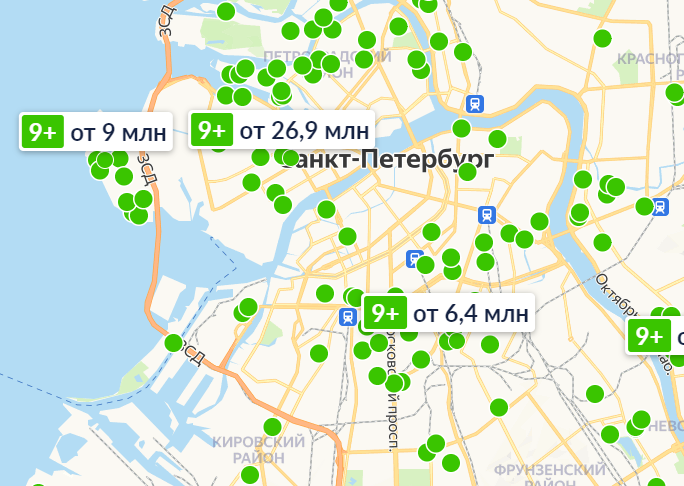 В Петербурге на каждом шагу строится по несколько домов, у всех свои особенности и условия покупки — выбрать один вариант сложно (на скриншоте карта строящихся ЖК)