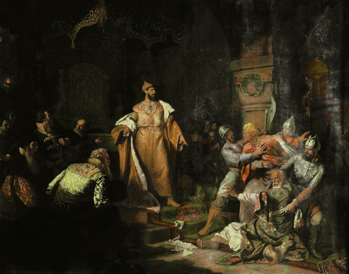Н.С. Шустов «Иван III свергает татарское иго, разорвав изображение хана и приказав умертвить послов», 1862 год. 