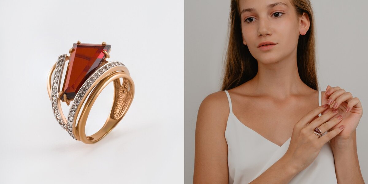 Золотое кольцо с гранатами и фианитами 000-327103