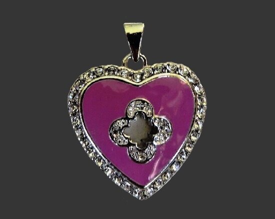 Розовое сердце с подвеской в ​​виде цветка. Серебристый сплав, эмаль, кристаллы Swarovski.