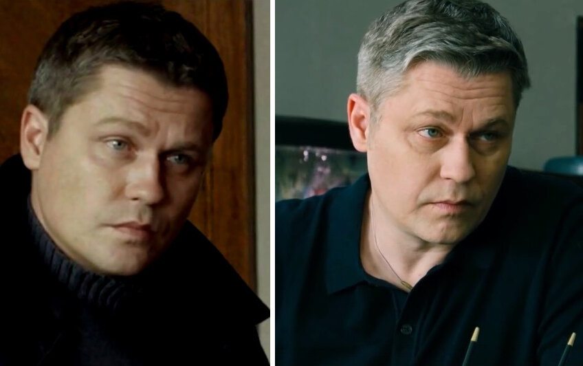 Денис Рожков. Слева в сериале "Чужой район", 2013 год. Справа в сериале "Условный мент", 2021-2022 гг