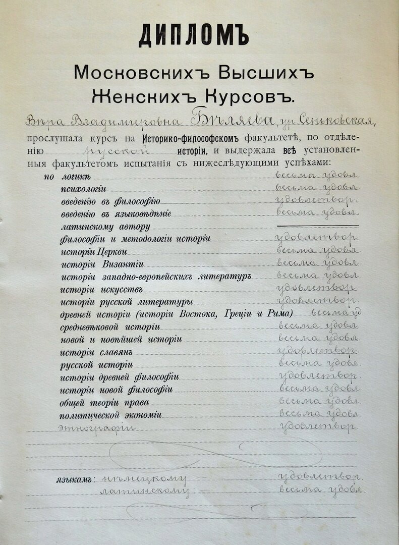 Диплом Веры Сеньковской об окончании Московских высших женских курсов.