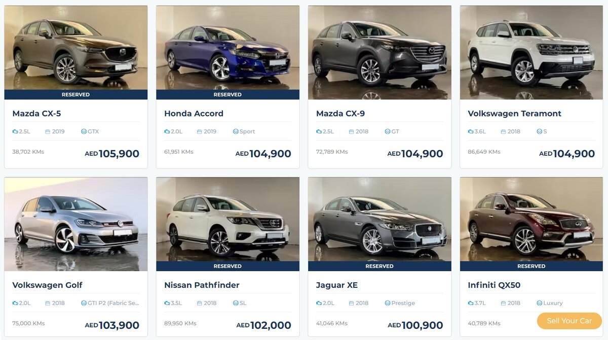 Страница сайта автосалона подержанных автомобилей в Дубае
