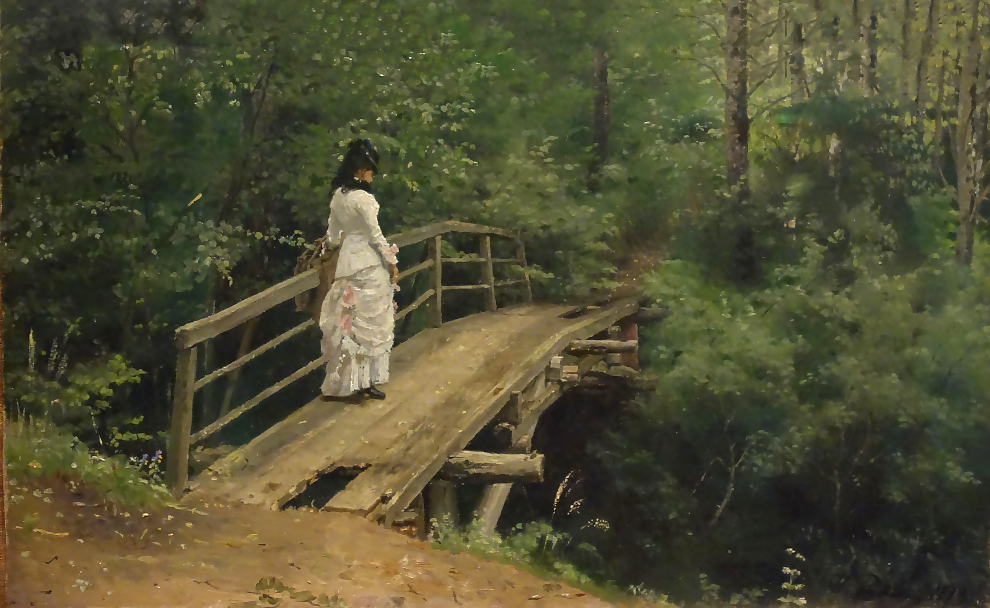 Репин И.Е., «Летний пейзаж (Вера Репина на мостике в Абрамцеве)», 1879, холст, масло. 37,5 х 61 см, Государственный музей изобразительных искусств им. А. С. Пушкина, Москва