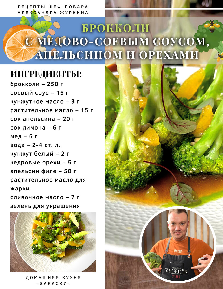 Как вкусно есть и не поправляться. Брокколи с медово-соевым соусом,  апельсином, кунжутом и орехами | Шеф-повар Александр Журкин | Дзен