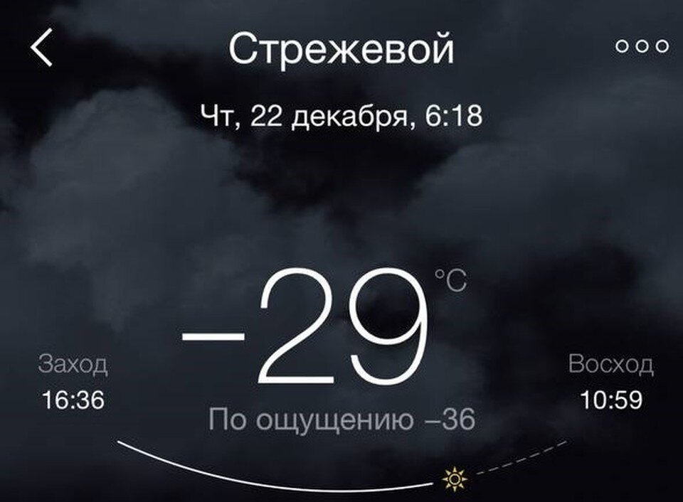     Скриншот погоды в Стрежевом в 06:18 выложил мэр города. Фото: Telegram-канал "Мэр Стрежевого"