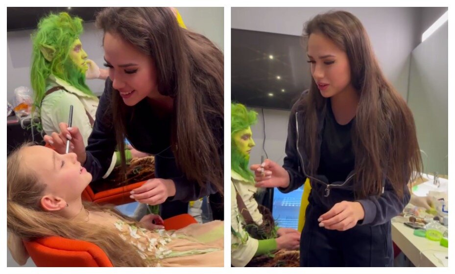    Загитова делает макияж дочери Навки. Фото: Скриншот соцсетей Татьяны Навки