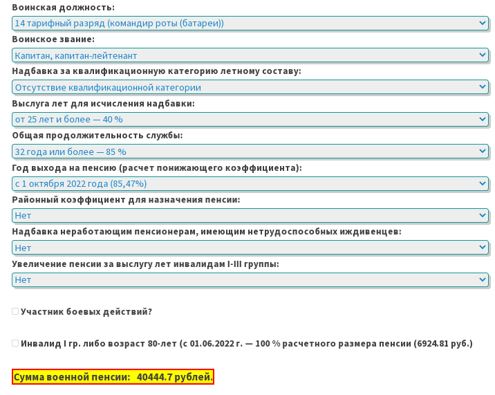 Калькулятор военной пенсии военнослужащего в 2024 году