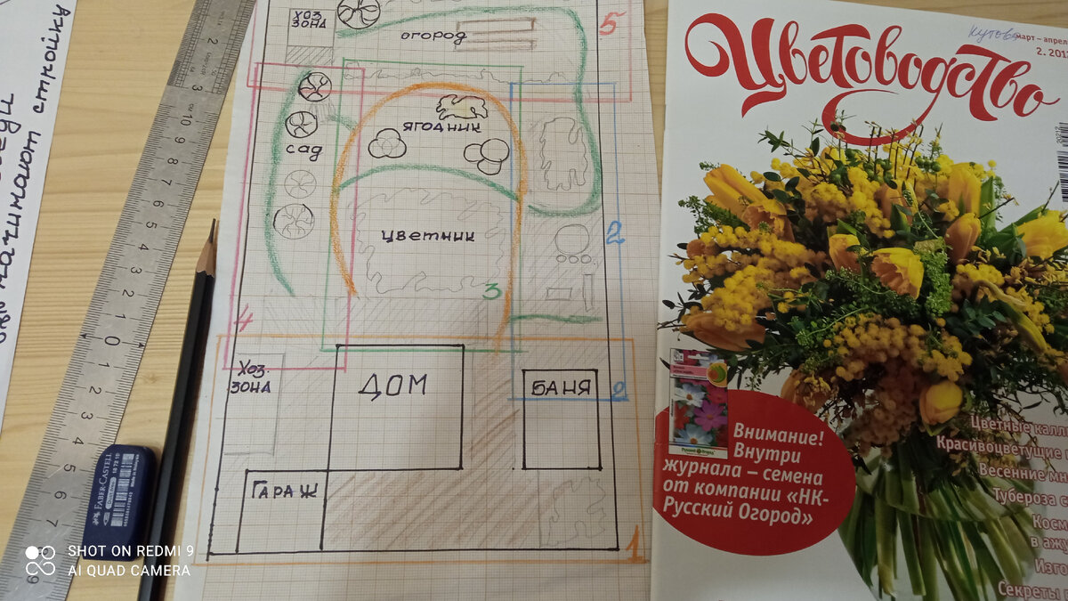 Вот так я разделила свой участок на фрагменты. Всего получилось 5 фрагментов, теперь буду прорабатывать каждый отдельно, потом все объединится в одном большом плане.