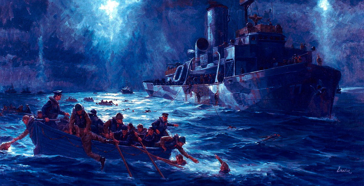 Катер береговой охраны "Эсканаба" спасает выживших с "Дорчестера". (Источник - United States Coast Guard Historian's Office). 