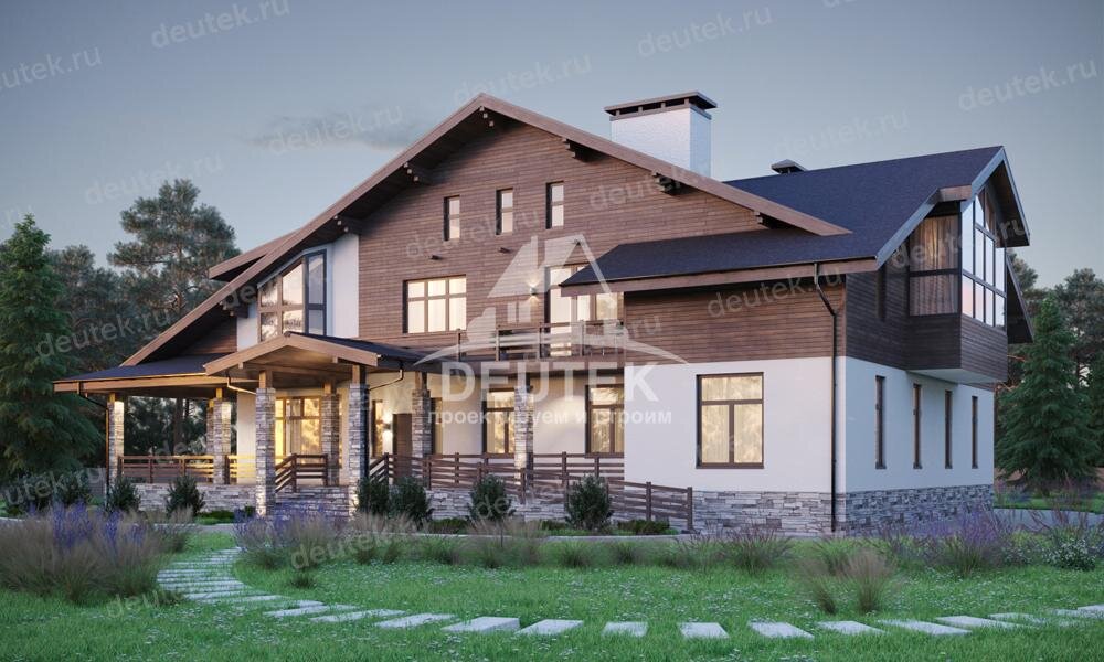 Проект двухэтажного дома 571 м2 из силикатного кирпича с погребом, зимним садом, сауной и бассейном - LK-103