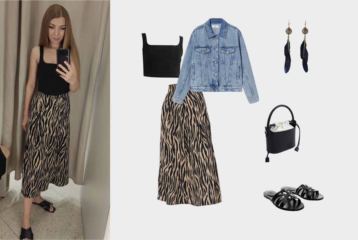 Юбка с принтом Zarina 1799 руб., кроп-топ Zarina 1799 руб., сумка-мешок Zarina 1999 руб., сандалии Mango 4999 руб., серьги с перьями Nothing but Love 538 руб., джинсовая куртка Mango 2999 руб.