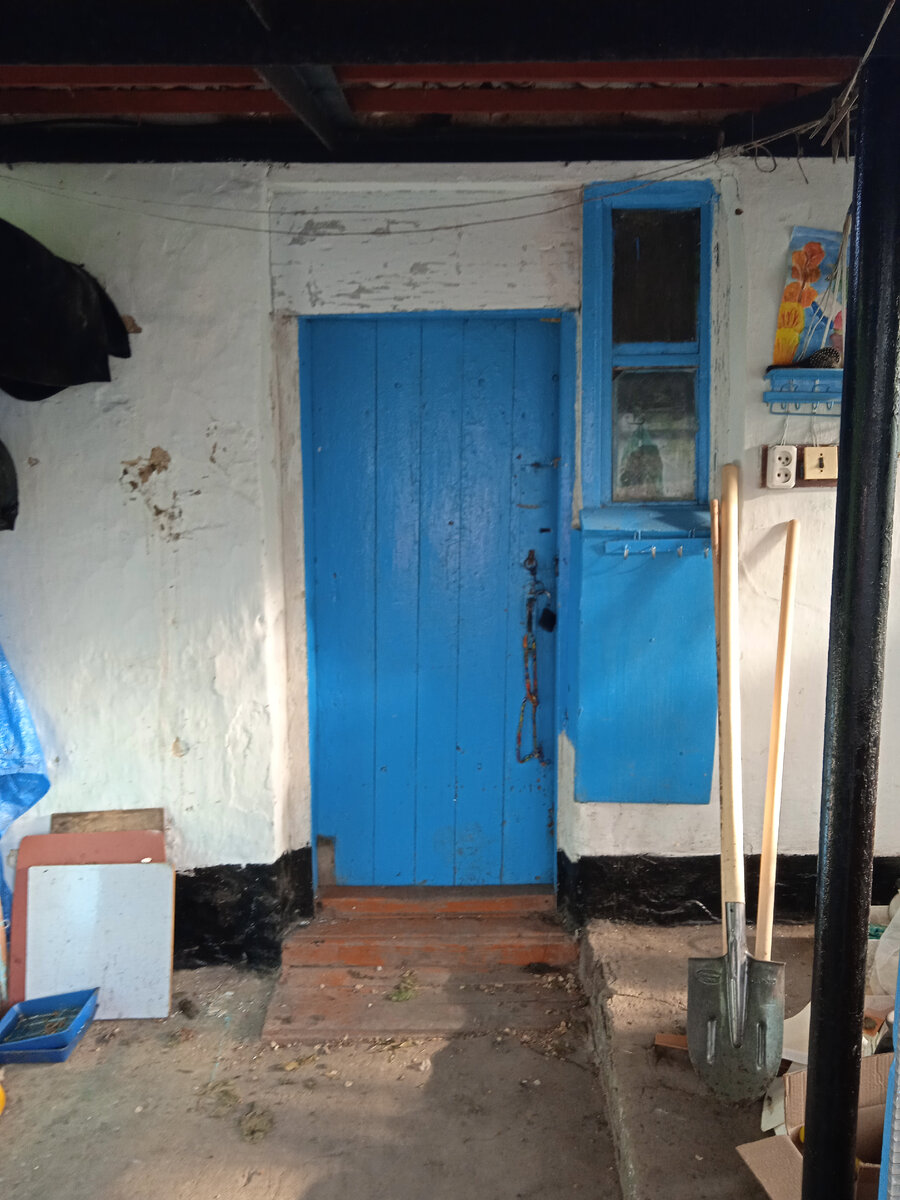 Вход в летнюю кухню. Слева и справа за кадром неприличный бардак из старого хлама. В стене слева пчелы продолбили норки, скоро буду мед из стены качать))) 