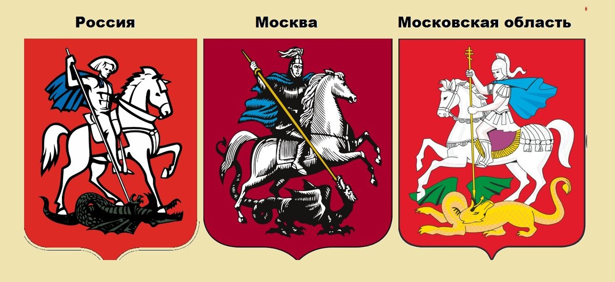 Изображения всадника, поражающего змия. На гербах России, Москвы и Московской области