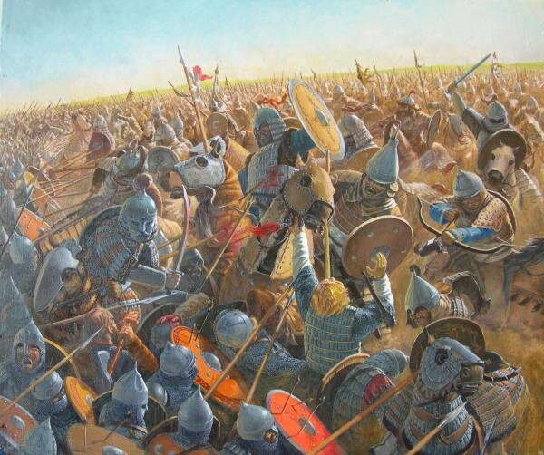 Монгольские всадники не могут пробить строй тяжелой пехоты с большими щитами.