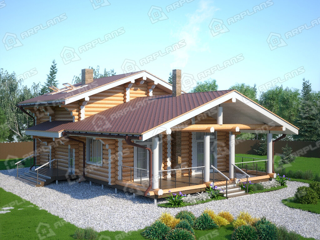 Фото 1 деревянного двухэтажного дома из бревна с мансардой, 2 спальнями, сауной и террасой. Общая площадь 147 кв м. Источник arplans.ru Проект ДО-046