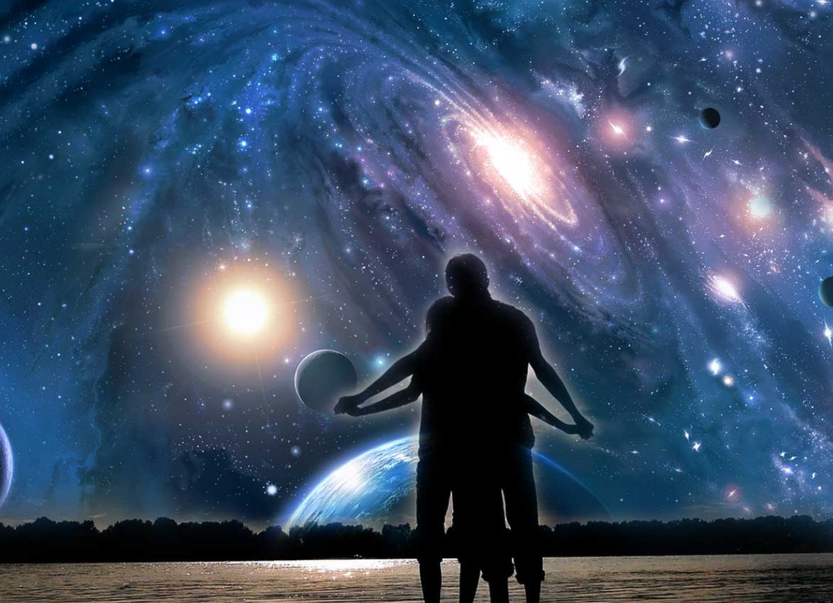 Светимся вместе. Мужчина и женщина космос. Космос любовь. Двое в космосе. Влюбленные в космосе.