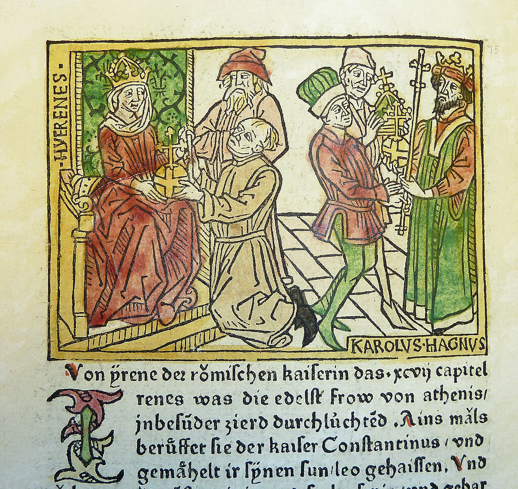 Императрица Ирина и император Карл (раскрашенная гравюра, 1474 год)