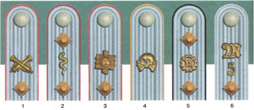 Эмблемы на погонах обер-офицеров: 1 — обер-лейтенант артиллерии; 2 — обер-ветеринар; 3 — обер-лейтенант apmwmepuu (дивизия «Фельдхеррнхалле»); 4 — лейтенант 5-го кавсыерийского полка «Фельдмаршал фон Макензен»; 5 — гауптман (капитан) инженерно-саперного подразделения; 6 — обер-лейтенант пехоты (пулеметное подразделение)