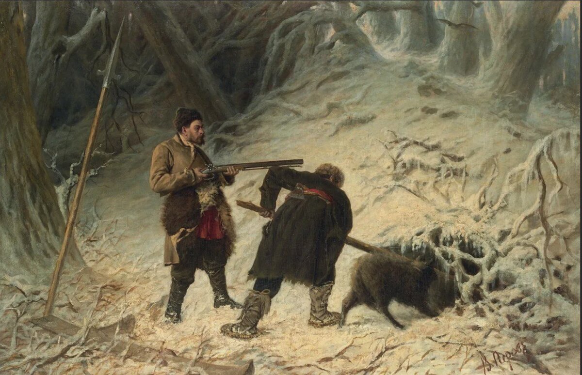 В.Перов «Охота на медведя зимой» (1879 год; 114 × 94; холст, масло).