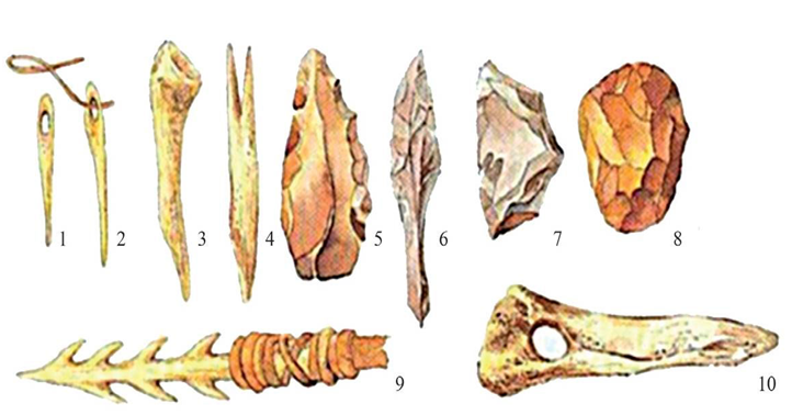 Рисунок 2 – Орудия труда. 1,2,10 —  иголки из кости; 3,4 — шилья из кости; 5,6,7,8 — каменные режущие инструменты; 9 — костяной гарпун.