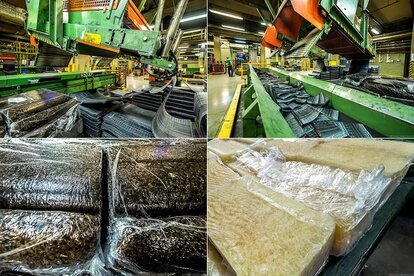 Перед загрузкой в миксер резиновую смесь разрезают на полоски. В нижнем ряду слева — натуральный каучук, справа — синтетический