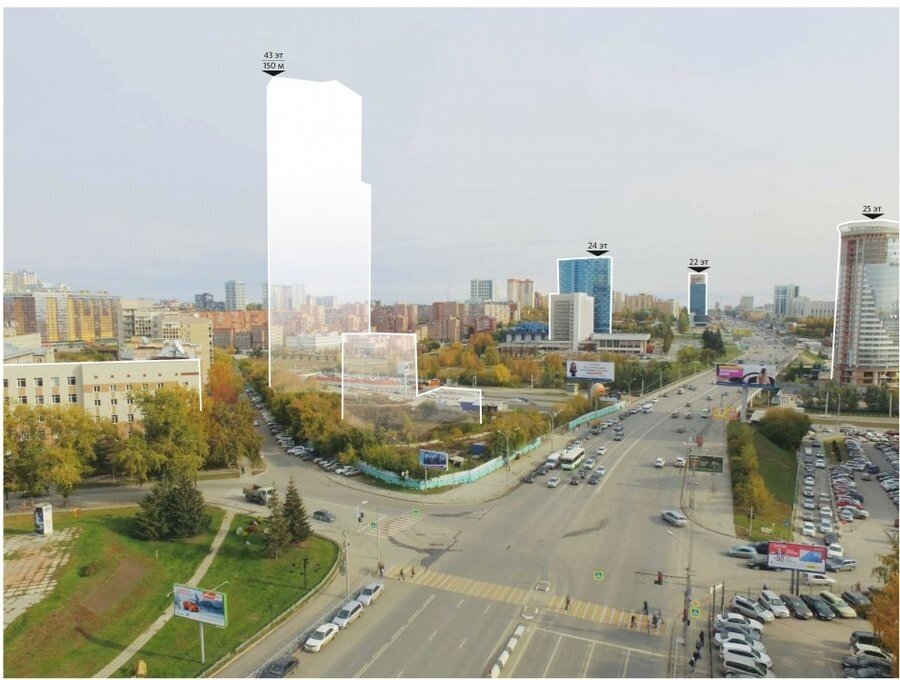 © Департамент строительства и архитектуры мэрии Новосибирска (Ранее возведение небоскреба в Новосибирске планировалось рядом с театром «Глобус». Проект 150-метрового здания в 43 этажа разрабатывался с 2017-го, но впоследствии от него отказались)