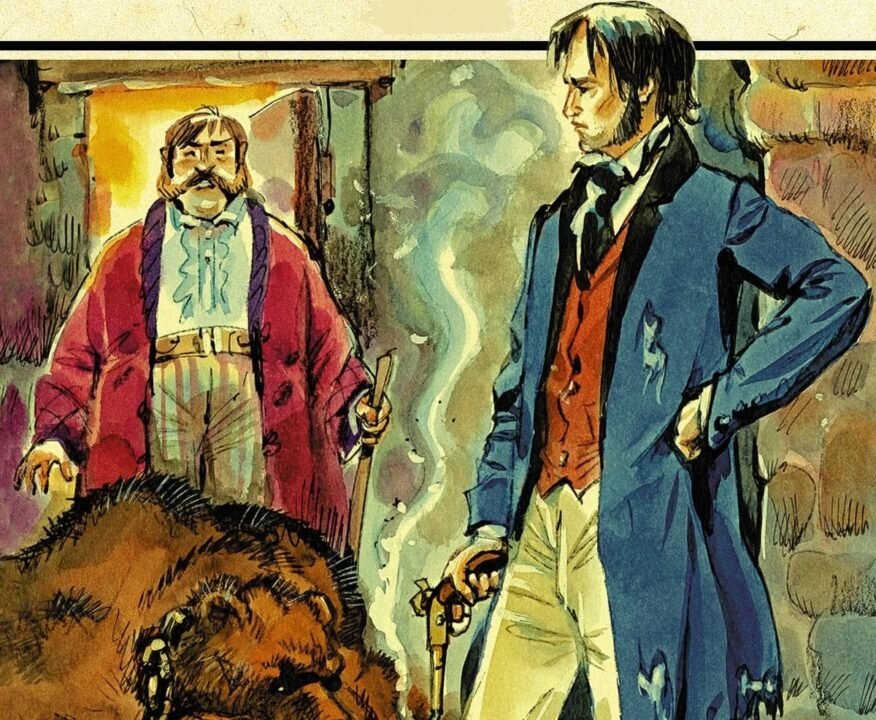 Учитель-француз Дефорж убивает медведя (источник фото: https://kakoy-smysl.ru/summary/kratkoe-soderzhanie-povesti-dubrovskiy-pushkina-ili-kak-narodnyy-robingud-poteryal-ottsa-imya-i-lyubov/)