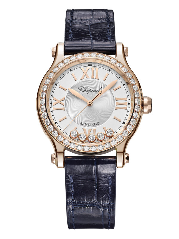 Часы Chopard Happy Sport в 33 мм корпусе из розового золота с бриллиантами на безеле и 5 плавающими бриллиантами