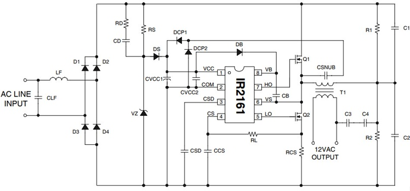 Типовая, принципиальная электрическая схема включения микросхемы IR2161