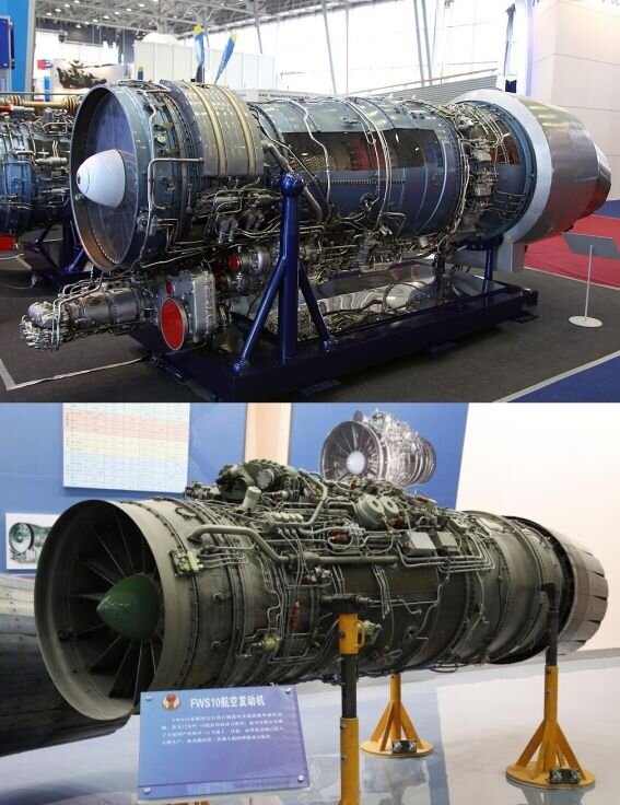 На верхннем фото - советский турбореактивный двигатель АЛ-31ФН, внизу - его ментальная копия - китайский ТРДДФ  WS-10 Taihang, который хотят втулить на истребитель 5-го поколения J-20